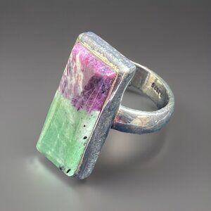Sterling Silver Ruby Zoisite Ring Size 6.25 Signed SJ 925 Rectangle Glows